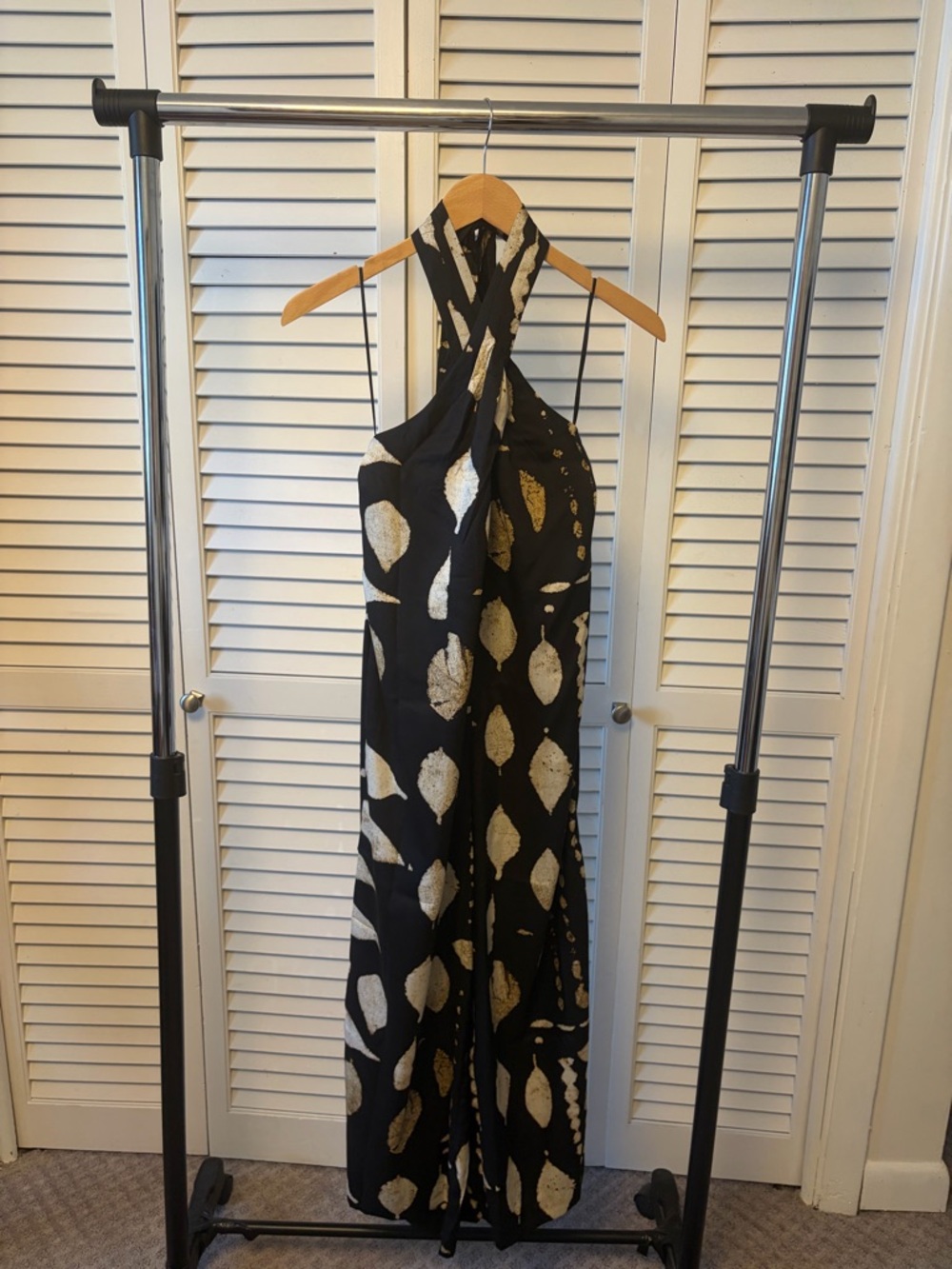 Halter Maxi Wide Leg Jumpsuit with Gold Leaf Print - NWT